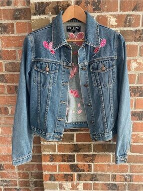 Outline Denim Jacket with Pink Embroidered Flowers